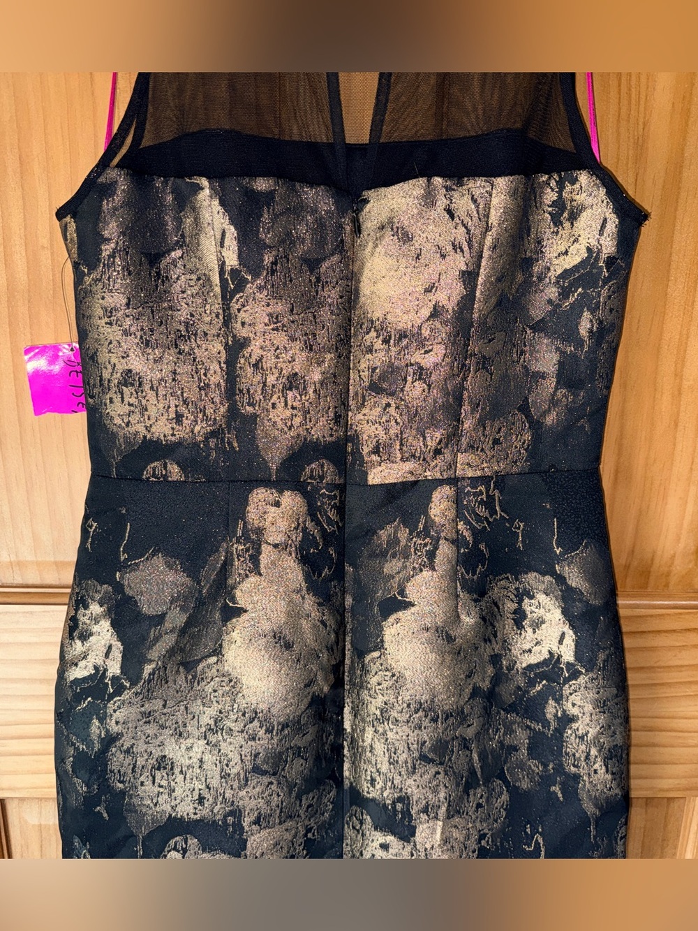 NWT Betsey Johnson Black Midi Dress w/Gold Floral Jacquard & Mesh Yoke-4 - Picture 9 of 14